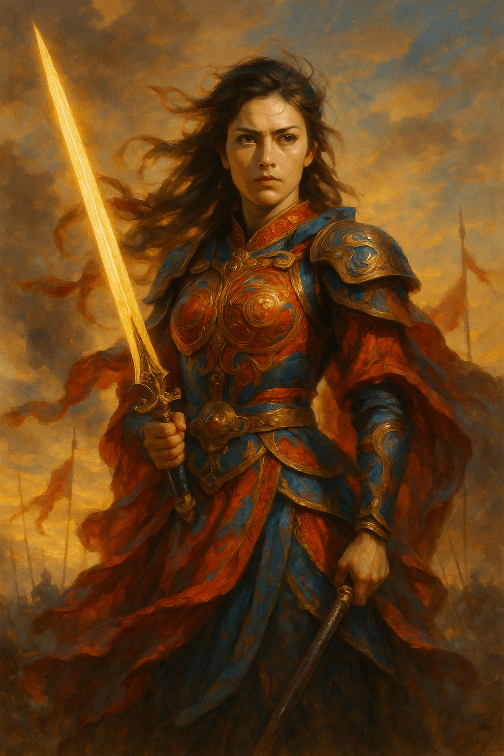 AI generated: Ultra-high-definition fine art portrait of a powerful female warrior standing on a dramatic battlefi...