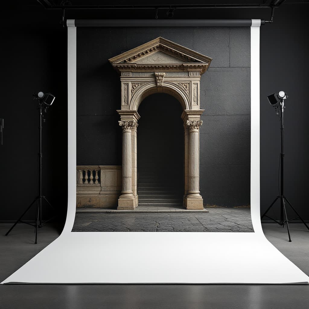 AI generated: generate an image of a photography studio backdrop that has a building with ancient arc on it 