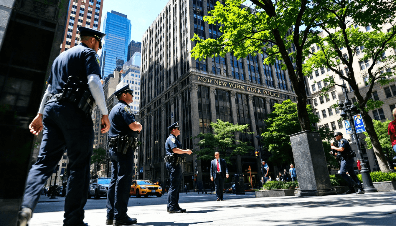 AI generated: Outside the headquarters of the New York police. Summer, sunny morning.
