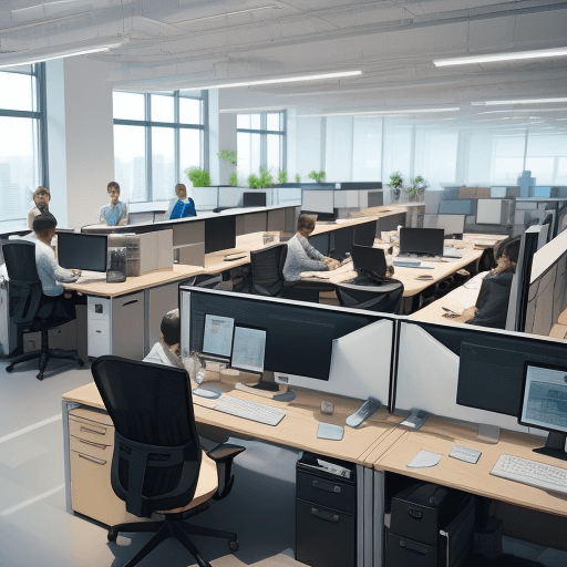 AI generated: Create a detailed and dynamic image of a modern office workspace filled with people working. The sce...