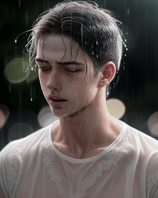 AI generated: detailed and realistic photograph of young man, (( wet white see through lace shirt 1, 4)),((mouth c...