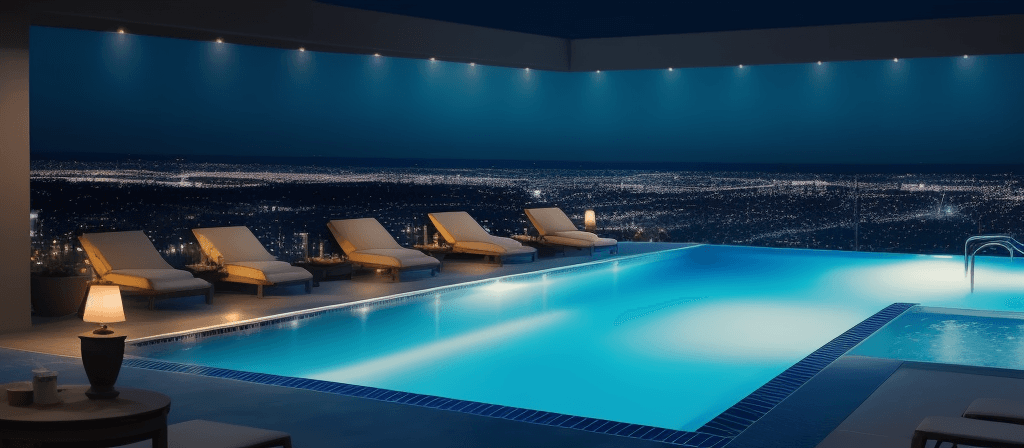 AI generated: luxury pool, city view, lights, cozy