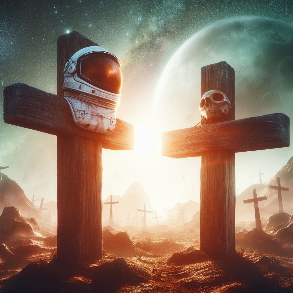 AI generated: A forgotten grave on a foreign fantastic planet. A grave cross made of rotting wooden planks, decora...