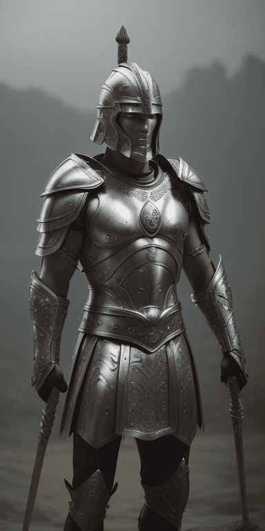AI generated: Male spartan warrior in a battle ground, facing camera, finely detailed helm, armor, spear and shiel...