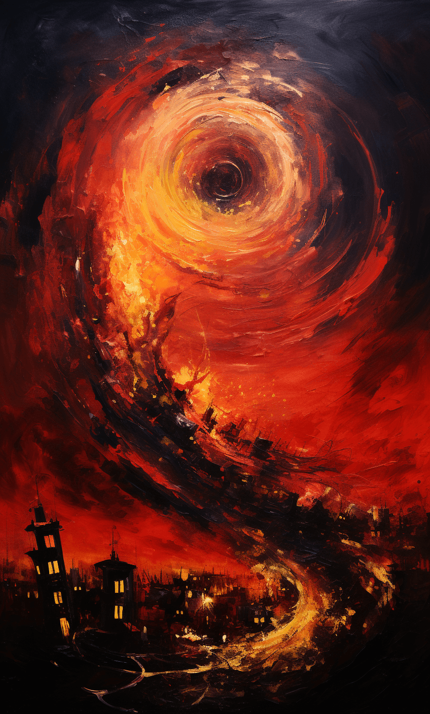 AI generated: a painting of a tornado with a city and fires on it, in the style of dark yellow and crimson, spiral...