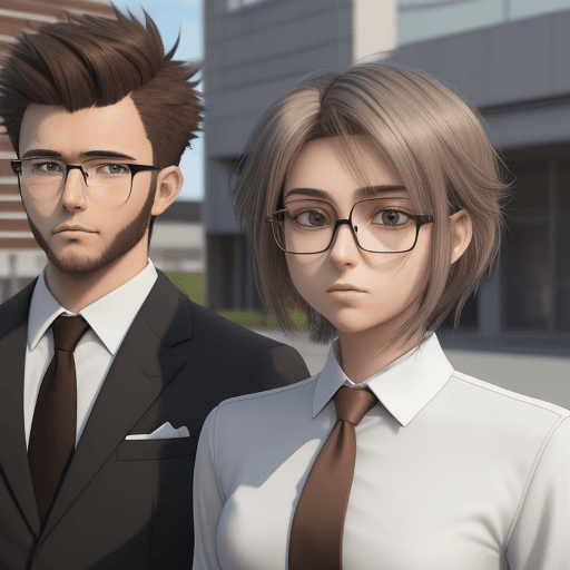 AI generated: A 3D render anime-style medium shot of a couple standing outside. The boy, aged 22, is wearing a gre...