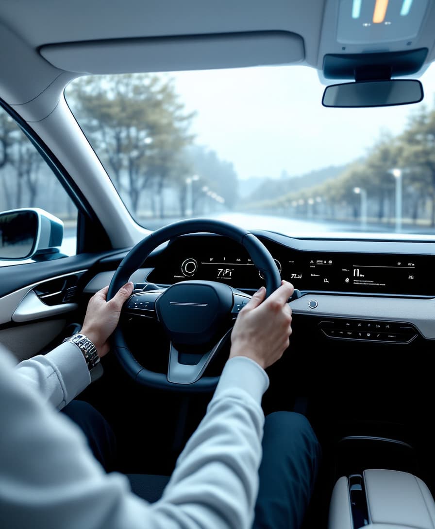 AI generated: Intelligent car driving, sense of technology, sense of the future, minimalist style, high quality --...