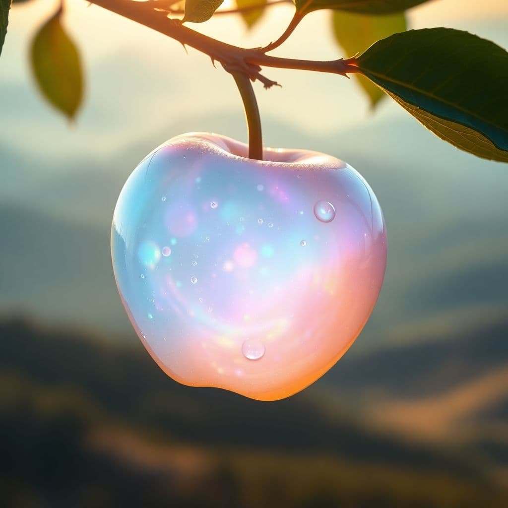 AI generated: a delicate apple made of opal hung on branch in the early morning light, adorned with glistening dew...
