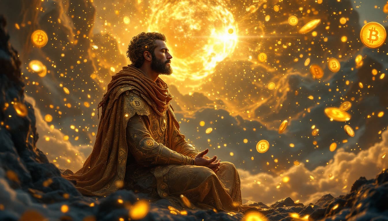 AI generated: a bitcoin prophet worshipping bitcoin, futuristic high-tech spiritualism, photorealism --q 2 --v 5