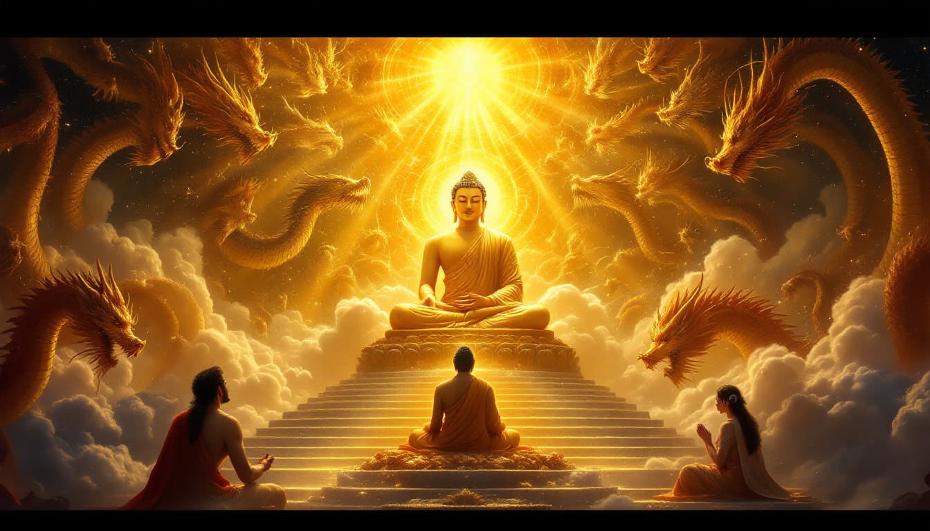 AI generated: Draw: A majestic celestial scene set in Trayastrimsa Heaven, where the Buddha manifests divine power...