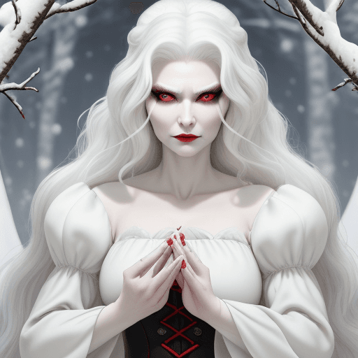 AI generated: This prideful and evil mother Lady Willow has hunter red with black sclera eyes. Her thick, wavy, an...