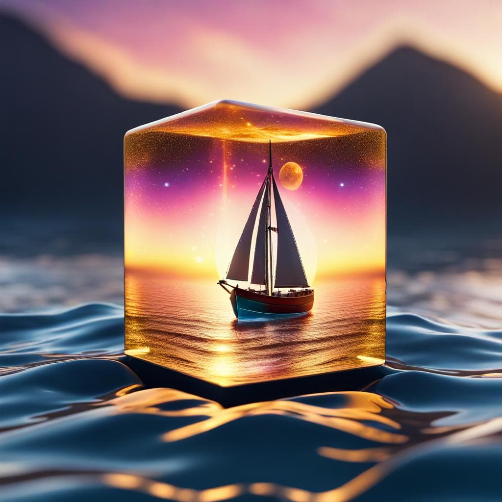AI generated: A boat surrounded by the ocean in a cube , fantasy art, beautiful, colorful, cosmic, golden hour, hi...