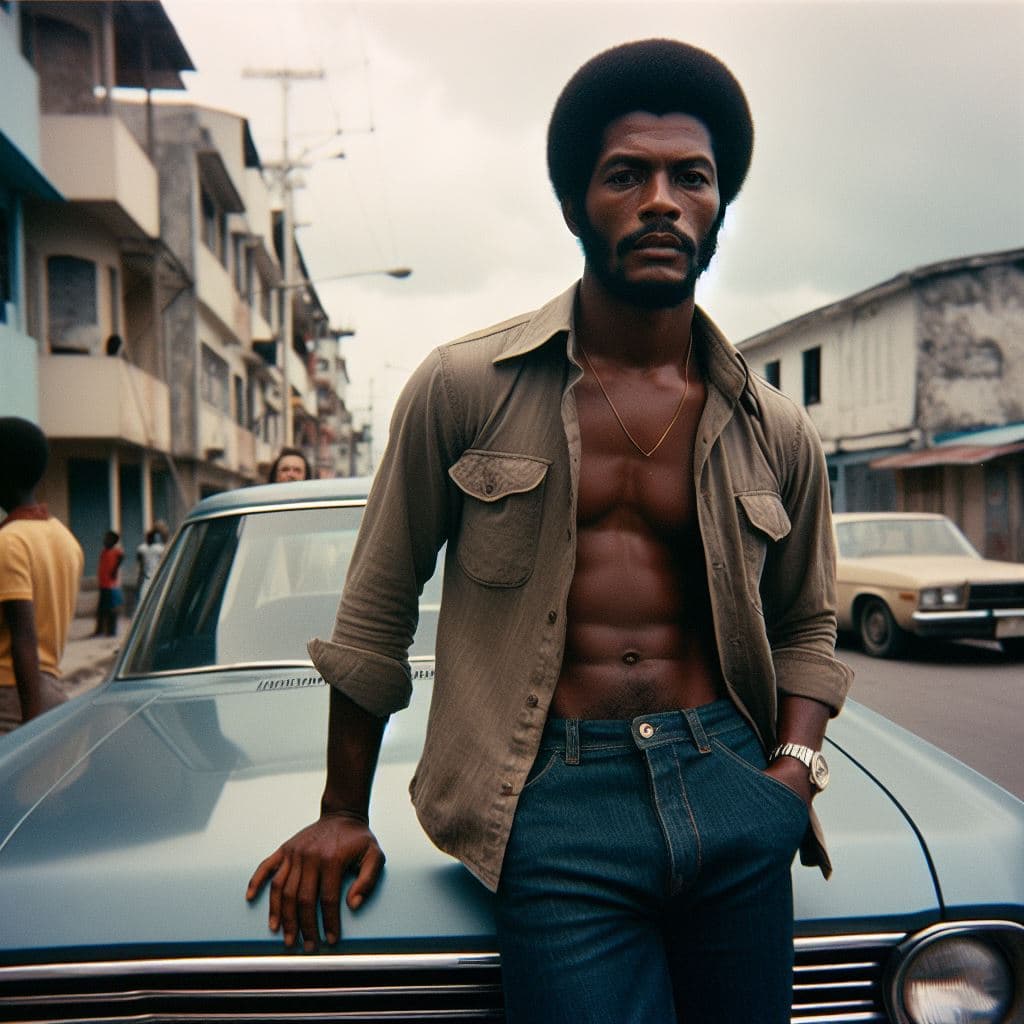 AI generated: panned out portrait of a man, Kingston, Jamaica, standing next to a car in 1974, 35mm