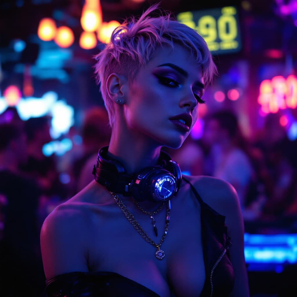 AI generated: cyberpunk photo of a female adul entertairnment dancer, short blonde pixie hair,  inside a night clu...