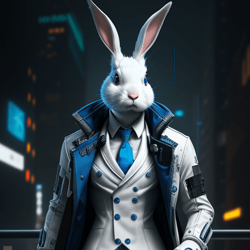 AI generated: anthropomorphic cyberpunk rabbit| hyperrealism| intricate details| unreal engine| white suit | blue ...