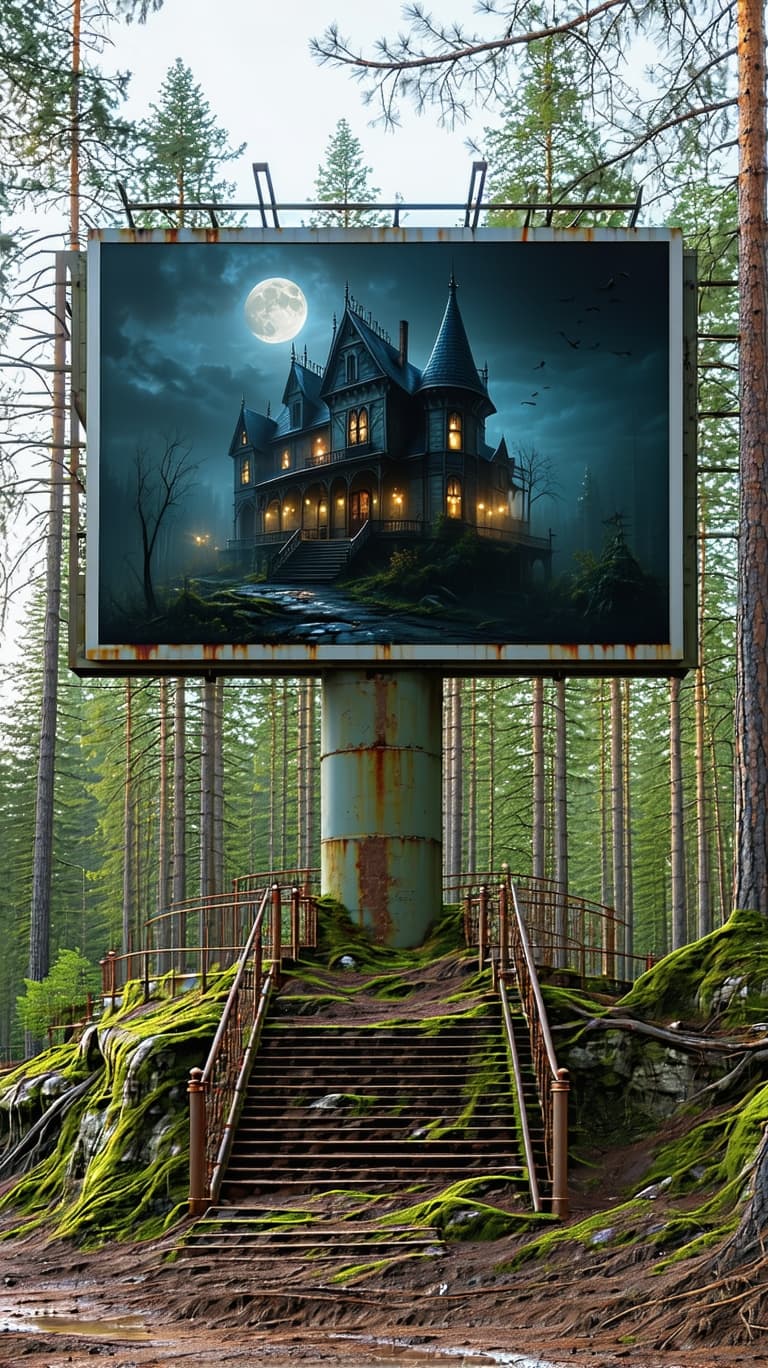 AI generated: A very detailed billboard sing advertising a haunted mansion, picturing the mansion with a old rusty...
