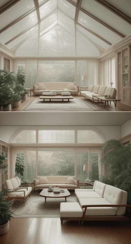 AI generated: high resolution photography interior design, dreamy sunken living room conversation pit, wooden floo...