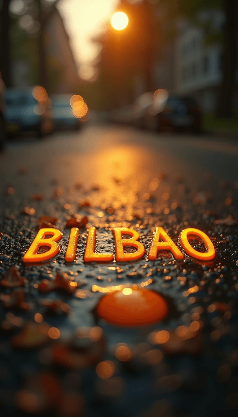 AI generated: The text "BILBAO" made of fried eggs frying on the hot summer asphalt