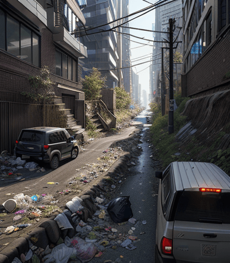 AI generated: small ravine with garbage and vehicle lane in the city 8k, intricate detail, photorealistic, realist...