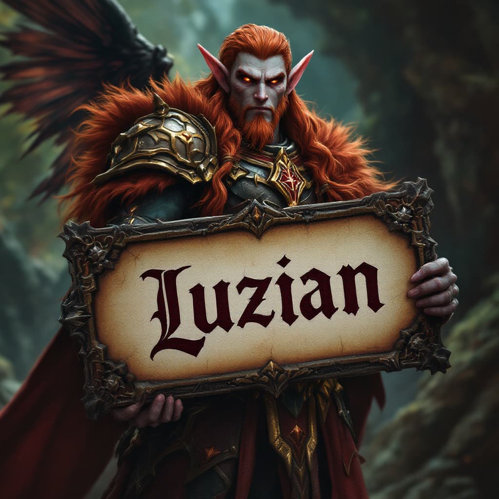 AI generated: World of Warcraft game character blood elf paladin holding a sign with stylised text that says "Luzi...