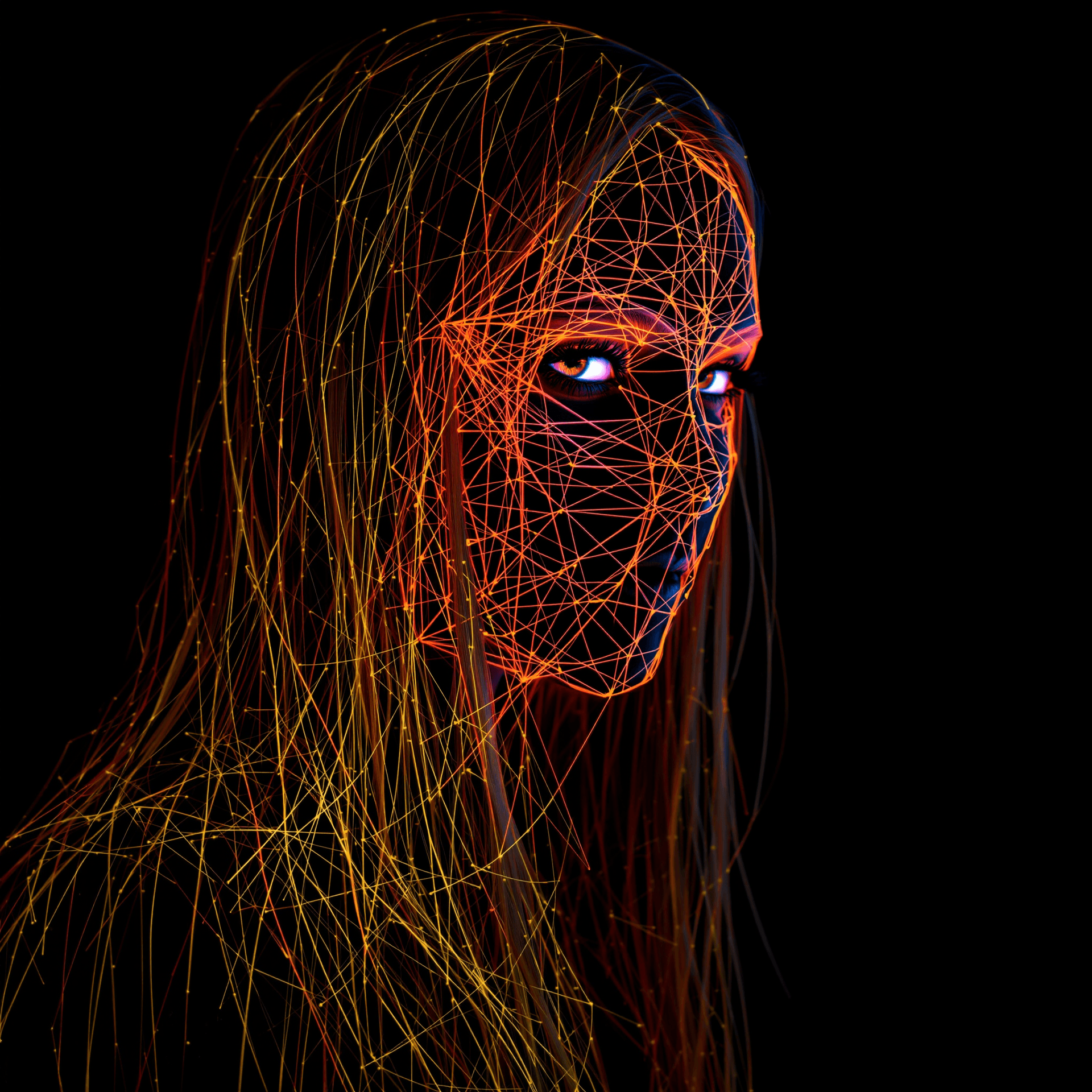 AI generated: female warlock,string art, black background, long golden thin hair, staring into your soul,surrealis...