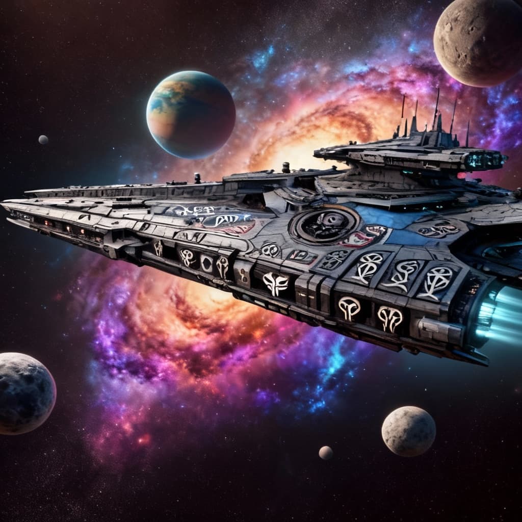 AI generated: Imagine, in detail, an alien spaceship to show a new design. An alien Mega Supercarrier. Show it in ...