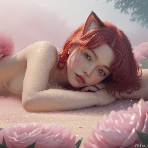 AI generated: photorealism, realistic, red fluffy cat, lying on his back around peonies, the cat's sly look, pixel...