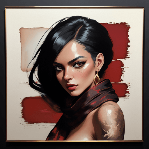 AI generated: breathtaking portrait of a gorgeous girl, sultry,  red scarf, dark gold and black, gossamer fabrics,...