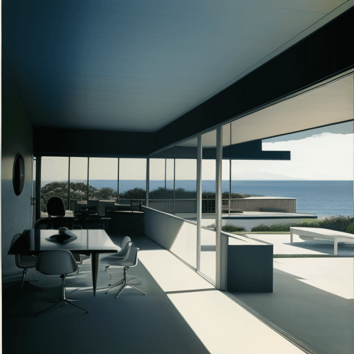 AI generated: Hyper realistic eye level exterior photo of a mid century modern style house overlooking the ocean, ...