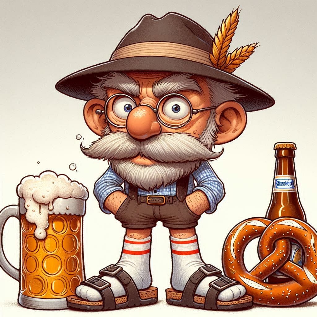 AI generated: A typical German with beer stein, pretzel , white socks, Birkenstock sandals, staring. Cartoon drawi...