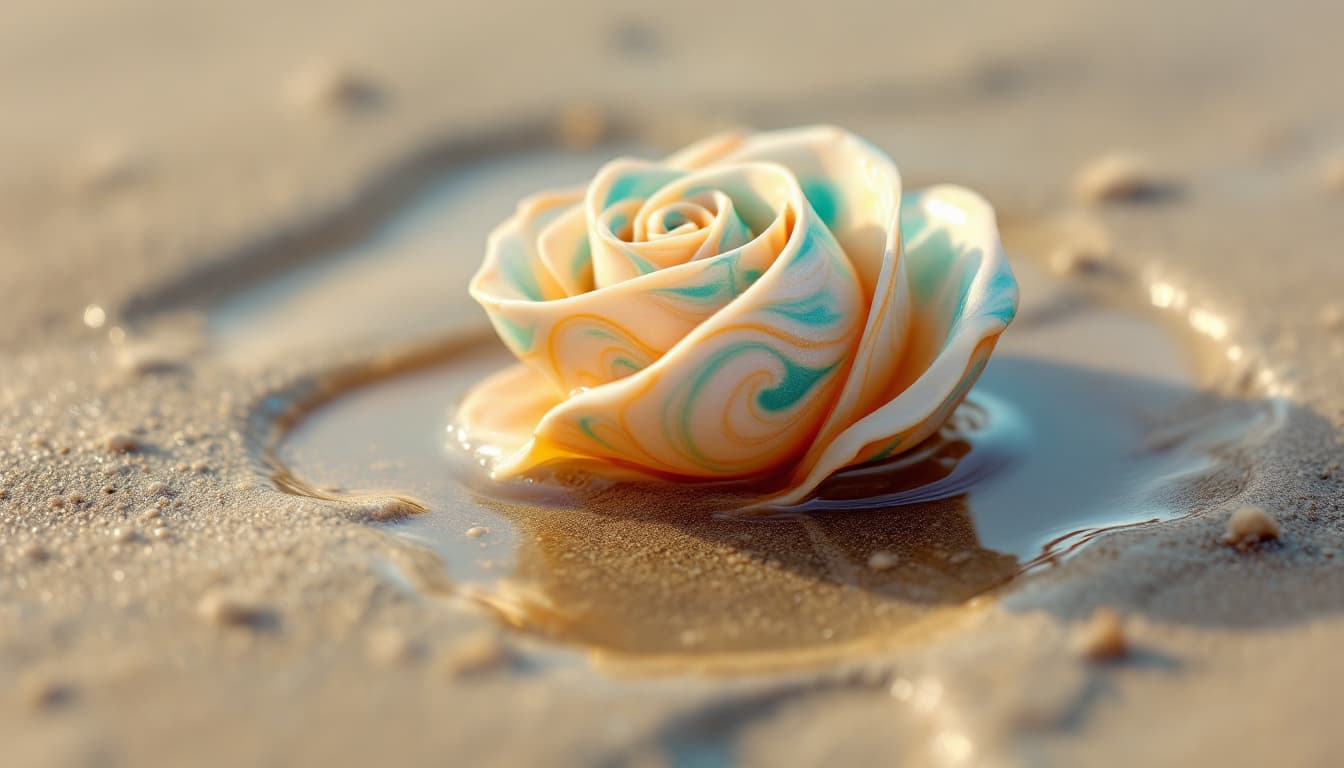 AI generated:  a close view of a delicate sea shell in 3d, shaped like a rose, resting on the beach surrounded by ...