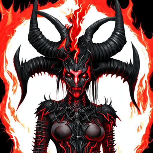 AI generated: Full-body portrait of Cybernetic demon woman with large ram horns on her head and bits of black meta...