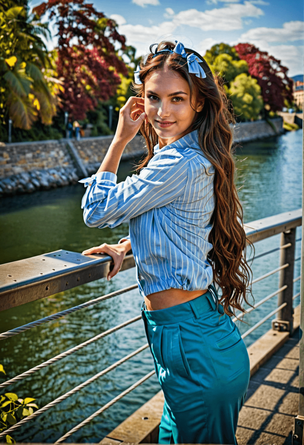 AI generated: HDR photo of 3/4 shot of a woman standing at the railing of a bridge, fixing her long brunette hair,...