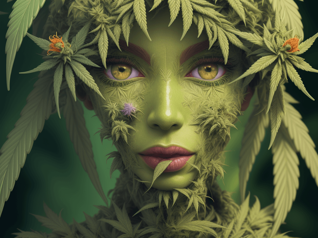 AI generated: high detailed professional upper body photo of android (cannabis) (weed) looking at viewer, unruly f...