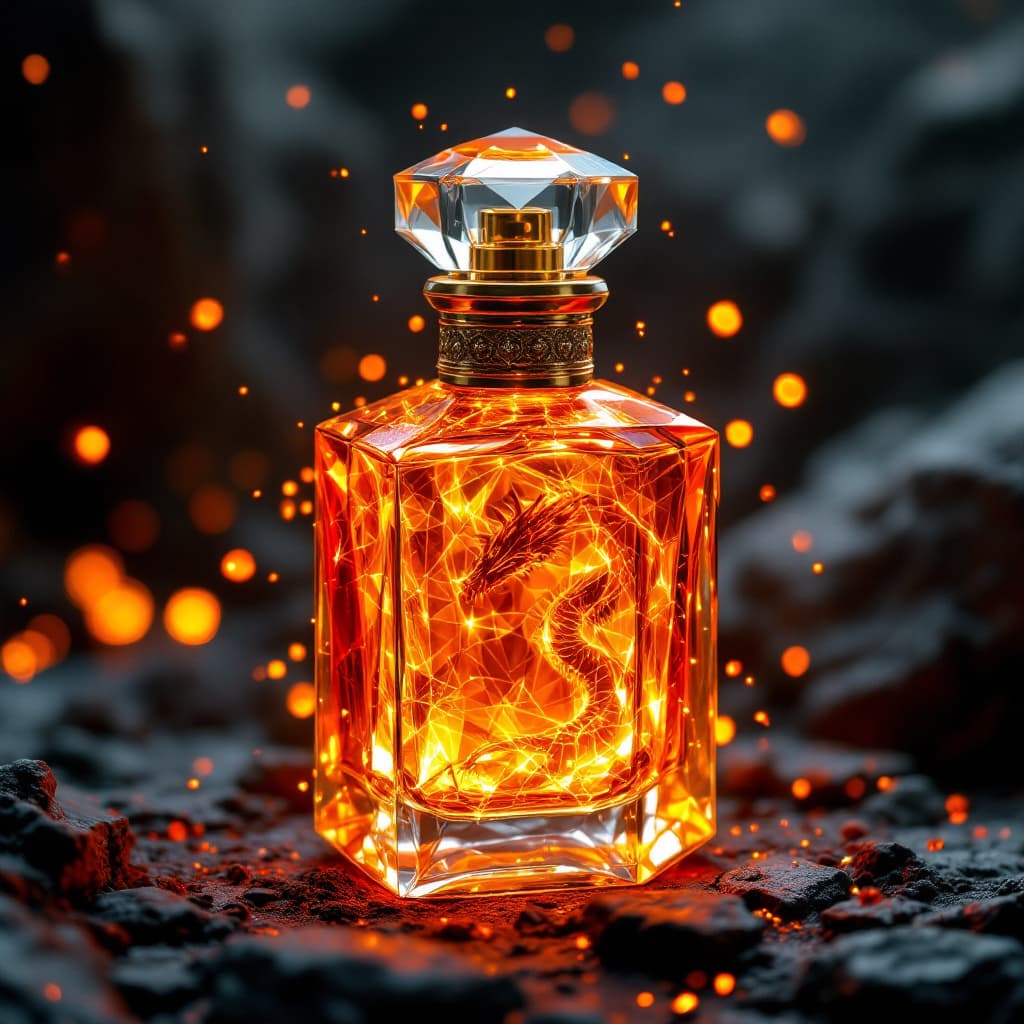 AI generated: Make a perfume bottle side of shard and swords filled with lava fire and dragons fully hd and luxury...