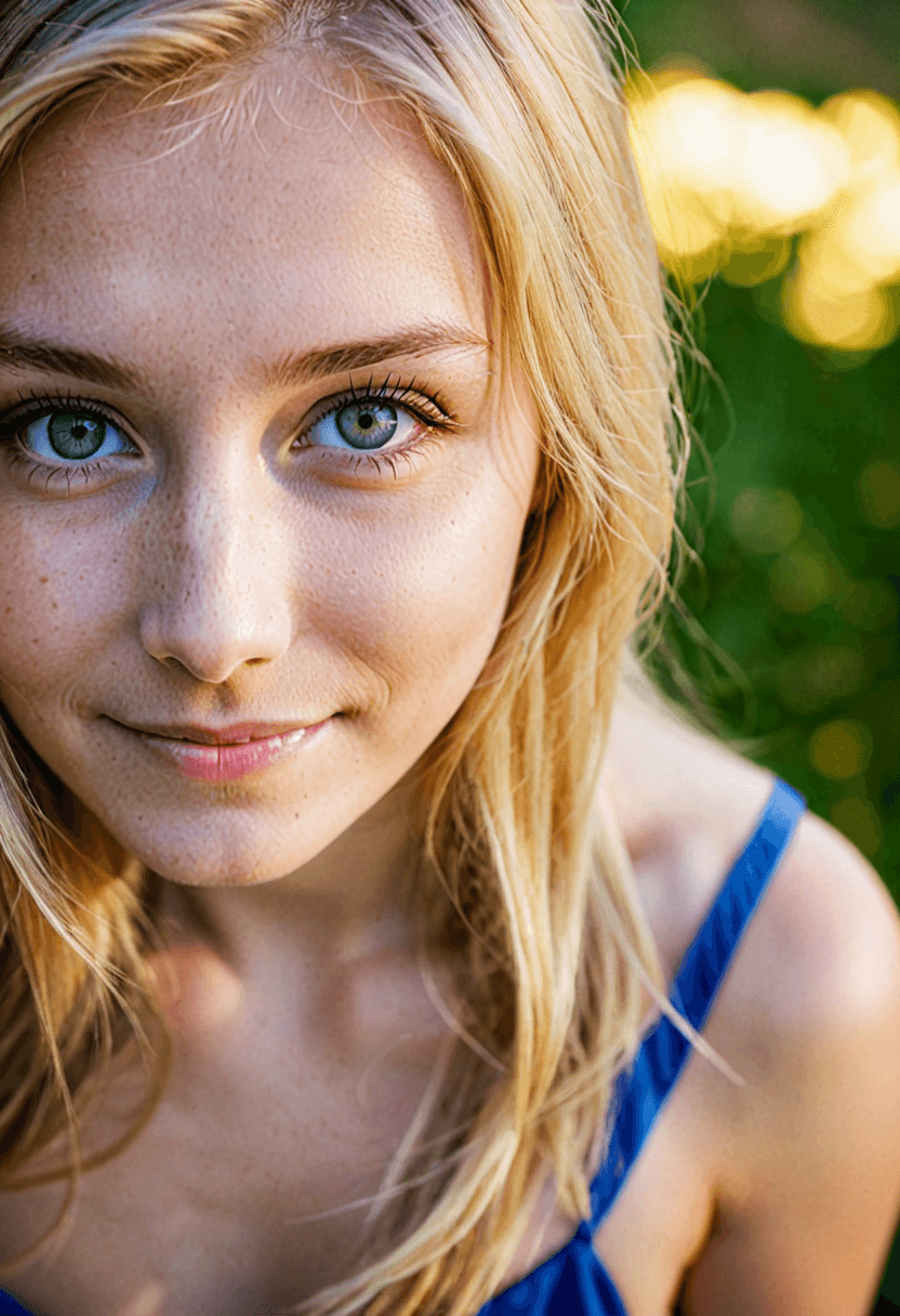 AI generated: cinematic photo naturally beautiful young woman, from above, smiling at the viewer, perfect eyes, lo...