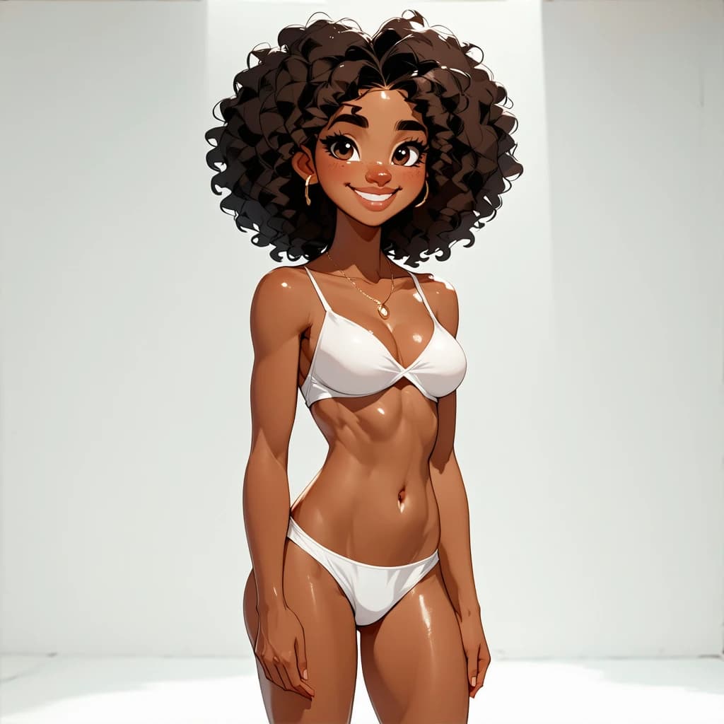 AI generated: hyper-realistic full body photo, from head to toe, cute 18 year old black girl, curly hair, pretty f...