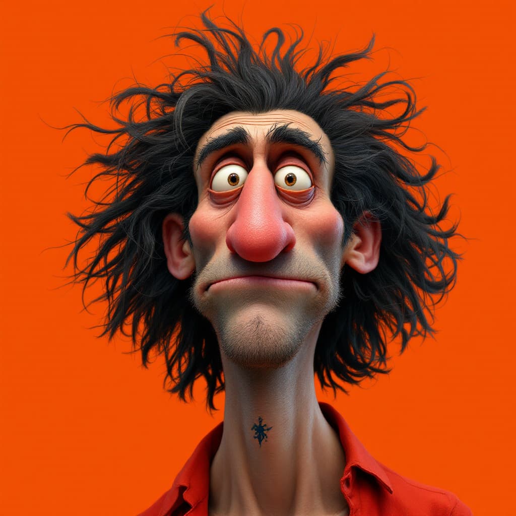 AI generated:  A caricature of a man with exaggerated features is set against a vibrant orange backdrop. His skin ...