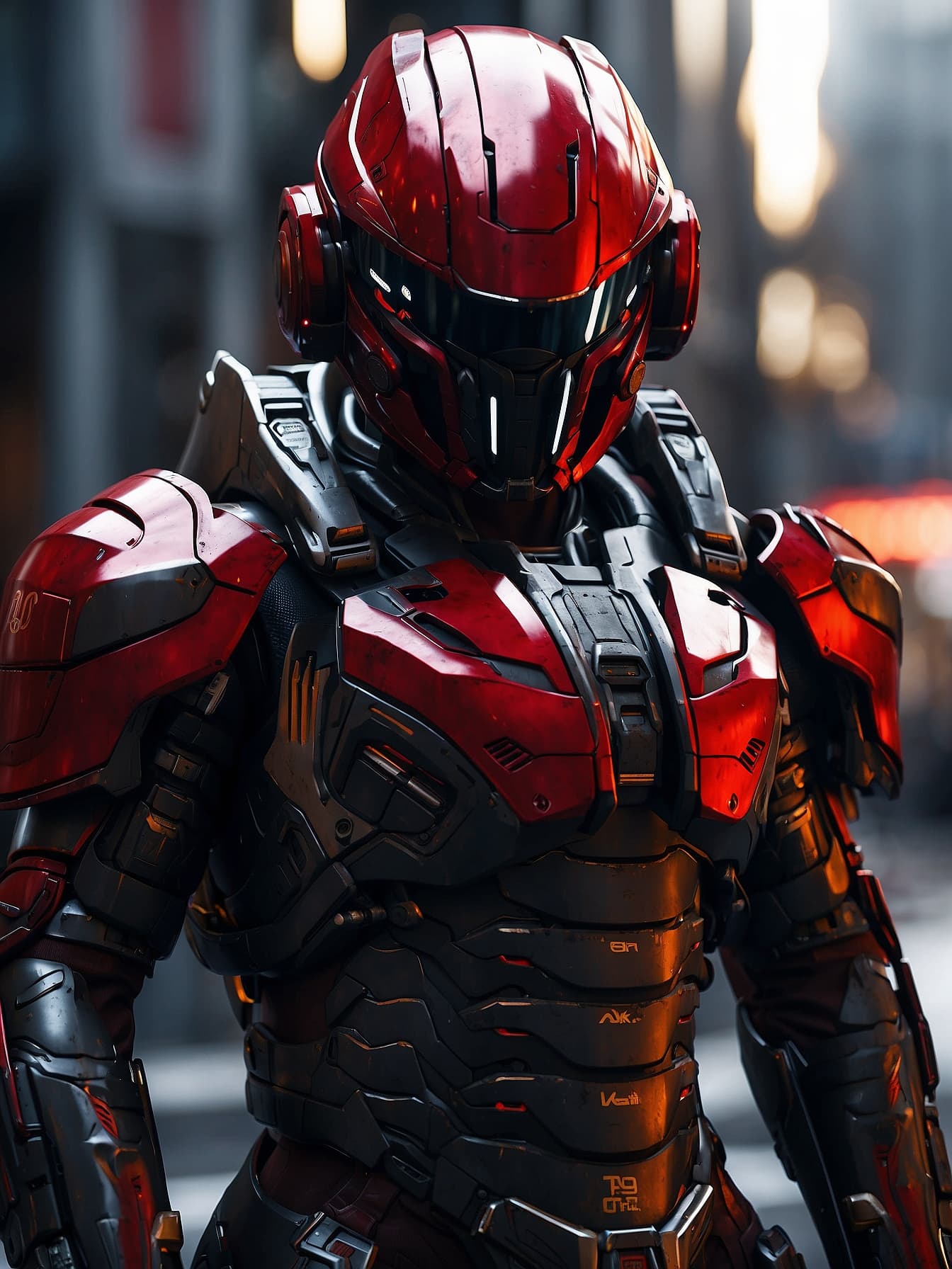 AI generated: Futuristic soldier with advanced armor, weaponry, and helmet, neon red, street, overcast, reflection...