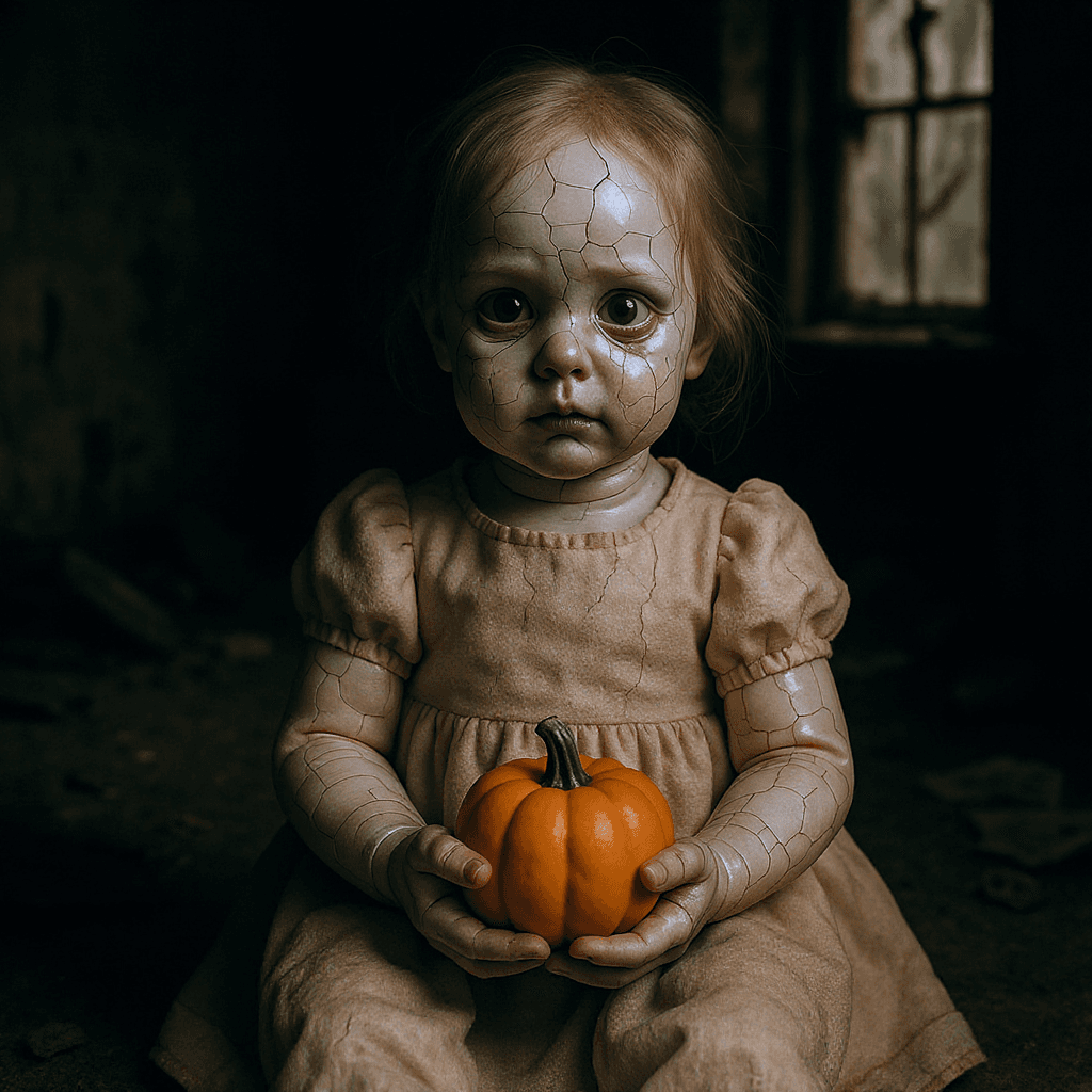 AI generated: A spooky doll with cracked porcelain skin, holding a tiny pumpkin, sitting in an abandoned house.