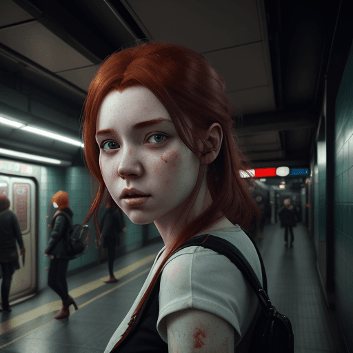AI generated: a girl with red hair standing in a subway station, a detailed painting by WLOP, featured on cgsociet...