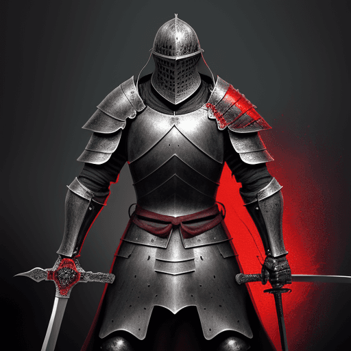 AI generated: a digital art drawing of a medieval knight wielding a one handed sword in front of him, black and re...