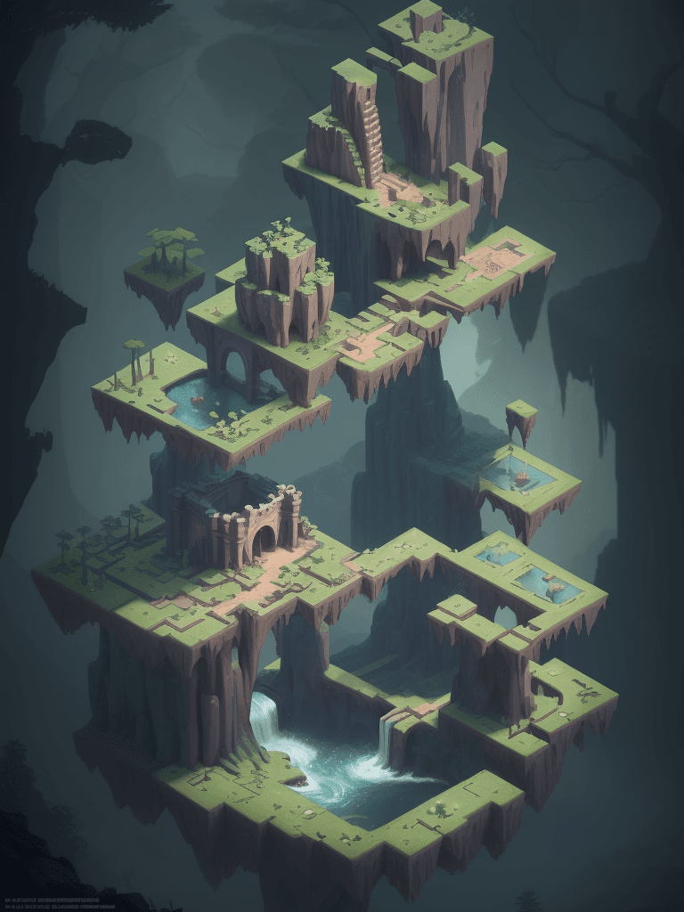 AI generated: near a cute little matte low poly forest building ,storm,typhon,litter, , crash trunks,  rock waterf...