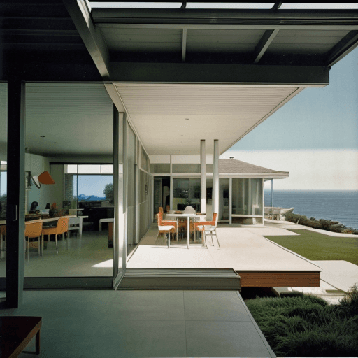AI generated: Hyper realistic eye level exterior photo of a mid century modern style house overlooking the ocean, ...
