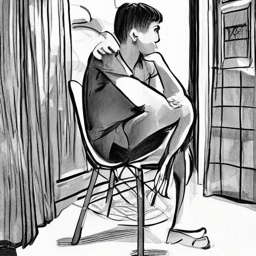 AI generated: Chilean teenager sitting in an armchair in the living room, pensive look, legs and arms relaxed, rea...