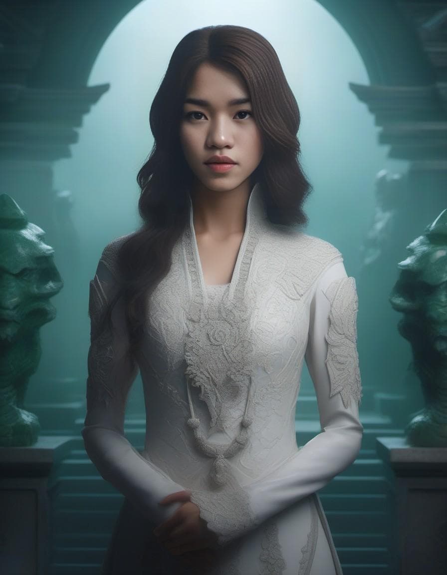 AI generated: highly detailed marble and jade sculpture of a female necromancer, volumetric fog, Hyperrealism, bre...