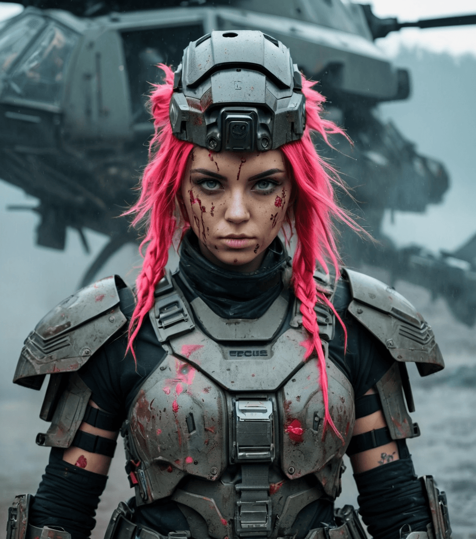 AI generated: Postapocalyptic combat scene with a Beautiful hyperrealistic photograph of cute Young Swedish woman ...