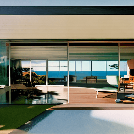 AI generated: Hyper realistic eye level exterior photo of a mid century modern style house overlooking the ocean, ...