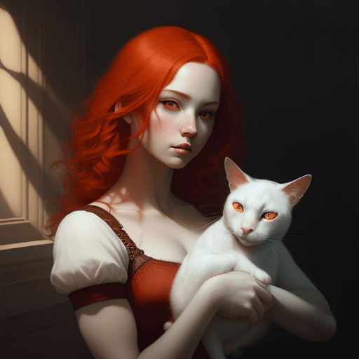 AI generated: girl with red hair holding two cats in the orange light, in the style of artgerm, chiaroscuro portra...