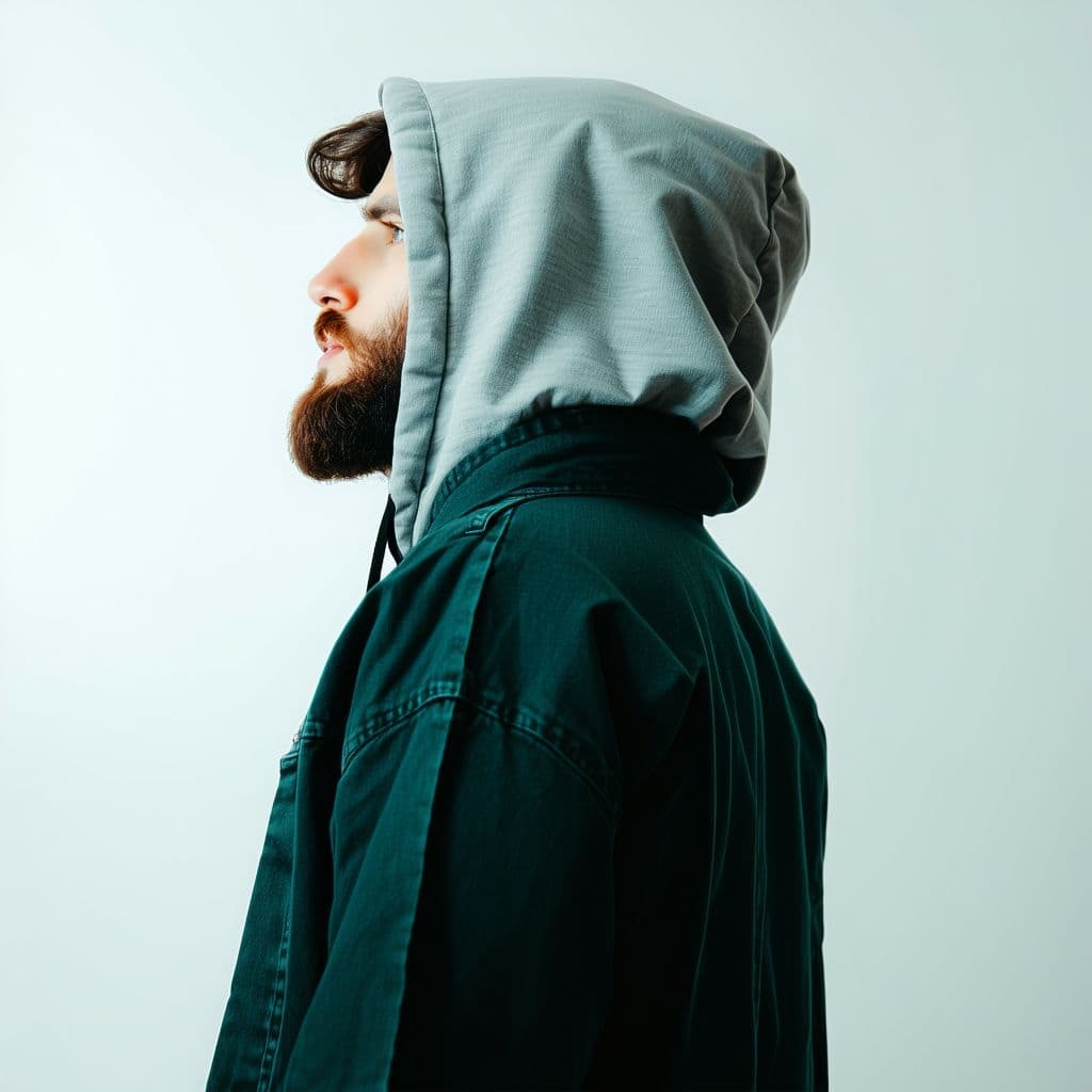 AI generated: man, hooded, looking over shoulder, modern clothes, modern, beard
